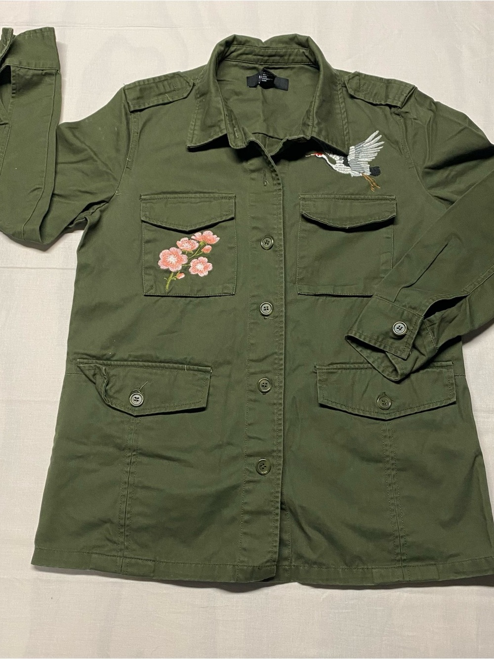 Forever 21 Olive Embroidered Utility Jacket - Crane & Floral Detail